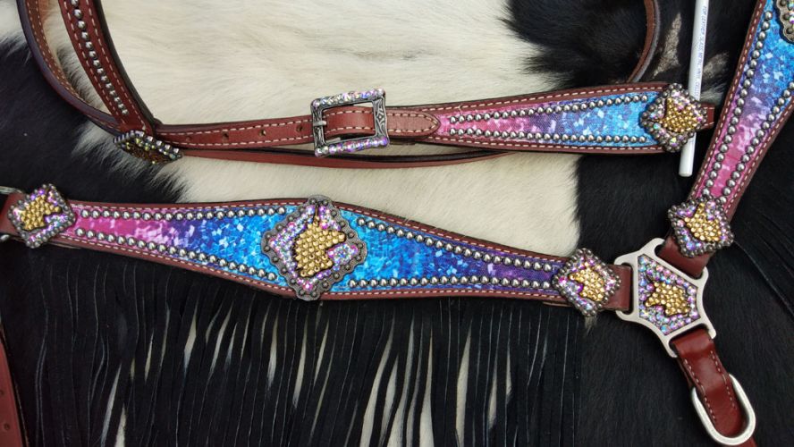 Showman Galaxy print browband headstall and breastcollar set with unicorn conchos and black suede leather fringe #4
